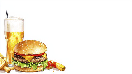 Delicious burger with cheese, lettuce, and tomato alongside crispy fries and refreshing drink, perfect for meal