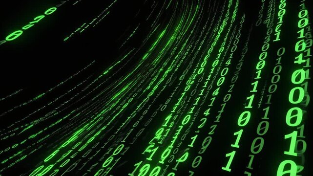 Streaming green binary code flowing like a digital rain representing advanced technology artificial intelligence and cybersecurity concepts on a dark background