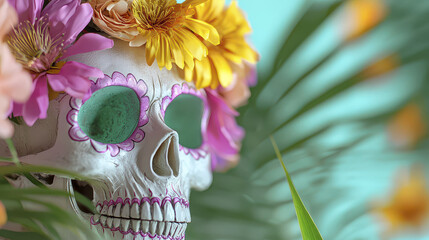 Luminous sugar skull adorned with vibrant flowers, showcasing intricate designs and tropical background