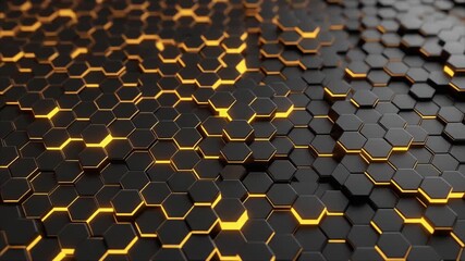 Dynamic glowing orange hexagonal pattern on a dark background representing futuristic technology digital data and abstract energy concepts - Powered by Adobe