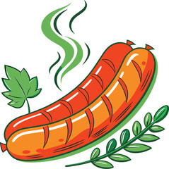 A cartoon illustration of a grilled sausage with green leaves