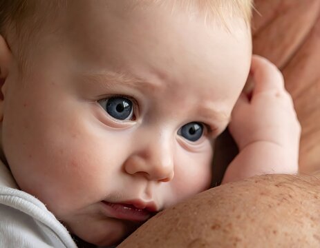 Close-up captures a fair-skinned baby with striking blue eyes resting against someone's arm