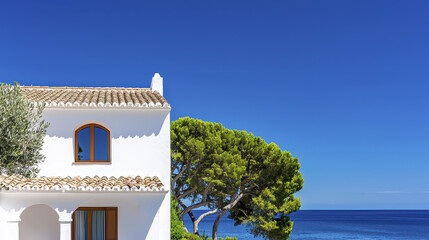 Beautiful Mediterranean house with tiled roof, surrounded by lush greenery and overlooking serene sea