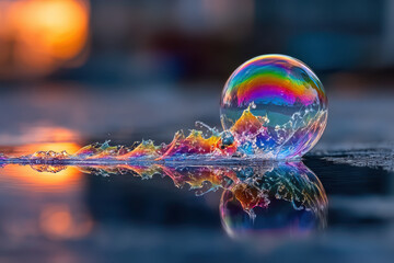 Iridescent bubble bursting on wet surface at sunset