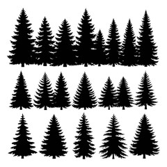 Obraz premium Pine tree silhouettes forest collection evergreen nature wood landscape graphic design template icon vector woodland flora