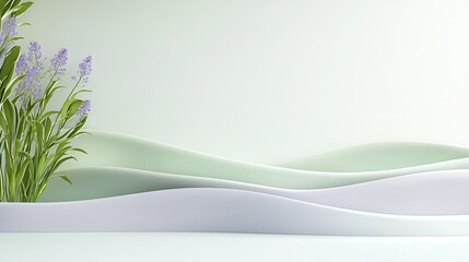 Minimalist shapes in muted pastel colors with green plants and purple flowers create serene atmosphere