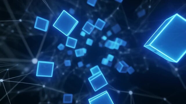 Futuristic digital network with glowing blue cubes floating and connecting in abstract dark space representing technology data and blockchain concepts