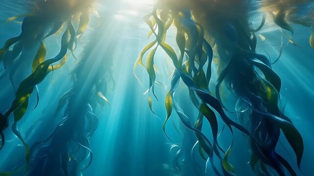 Vibrant underwater kelp forest illuminated by golden sun rays creating a serene and ethereal marine ecosystem scene