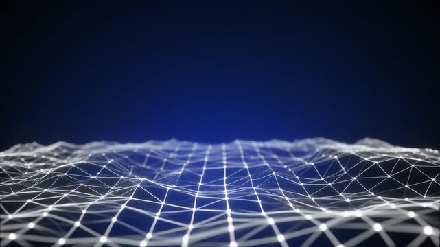 Abstract glowing white wireframe mesh undulating on dark blue background representing data network technology and futuristic digital communication