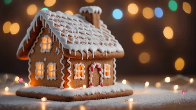 Cozy gingerbread house with icing and lights on snowy surface at night