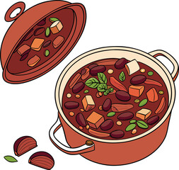 Hearty bowl of chili with vegetables and herbs in a pot