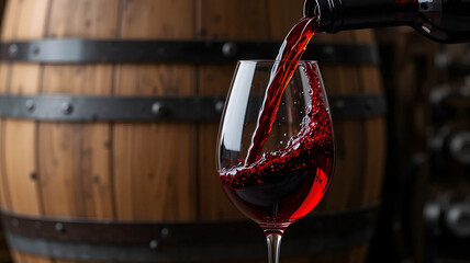 Red wine pouring into glass with wooden barrel background, ideal for winery branding and restaurant menus.