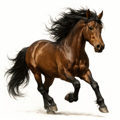 Obraz premium Galloping brown horse with flowing black mane and tail running energetically on white background, showing power and freedom