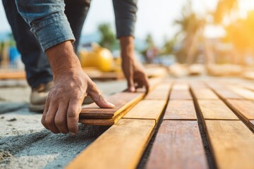 A carpenter laying wood planks for a new flooring project