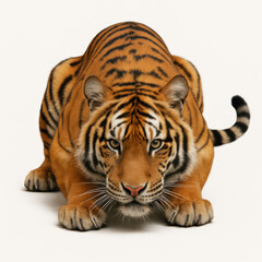 Fototapeta premium Crouching tiger with intense gaze and detailed orange fur with black stripes, poised on white background showing strength and focus