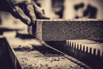 A craftsman sawing wood block with precision in close-up
