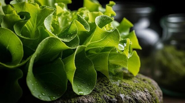 Close-up of vibrant green leaves on a mossy rock