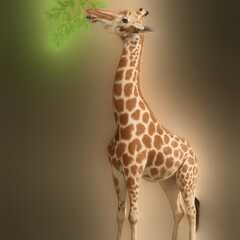 Giraffe eating green leaves with long neck and spotted fur standing on blurred brown background in natural light