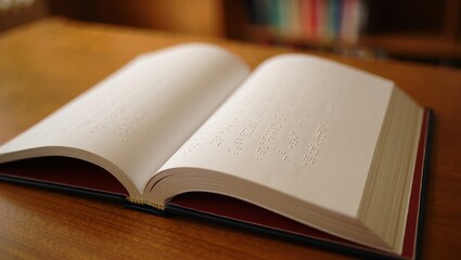 Opened leather-bound Braille book revealing raised dots on white pages