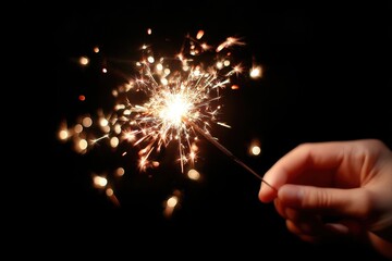A hand holding a bright and glowing sparkler in the dark
