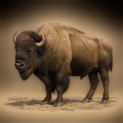 Fototapeta premium American bison standing on dry grass with detailed fur texture and horns in natural earthy tone background