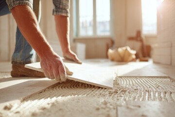 A man carefully placing a tile during home renovation work
