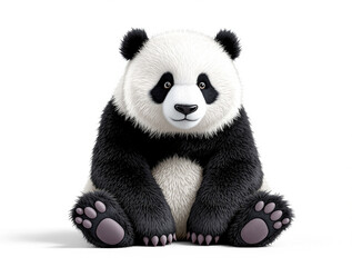 A cute and cuddly giant panda bear sitting peacefully and looking directly at the viewer with a soft expression, ready for interaction