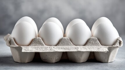 Close up view of dozen fresh white eggs in a paper carton