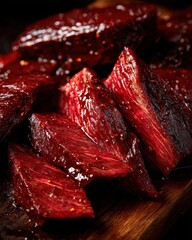 Close up view of raw glistening beef hanger steak
