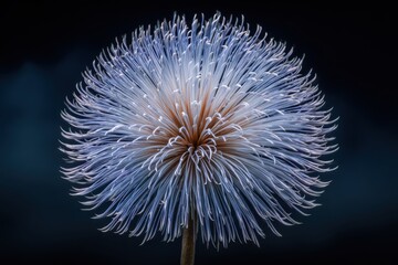 A perfectly formed starburst flower in blue hues on dark backdrop