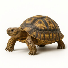 Obraz premium Tortoise with detailed textured shell and scaly legs walking on white background, showing natural pattern and earthy colors