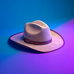 Fashionable cowboy hat with the neon lights background, a unique shape and design and highlighting its wide brim and structured crown.