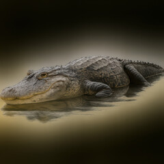 Obraz premium Alligator resting in calm water with detailed textured skin and reflection, creating serene and natural wildlife scene