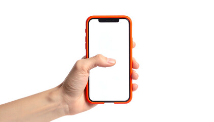 A hand holding a smartphone with a blank white screen and a bright orange case against black