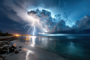 Dramatic lightning strike illuminates a tropical beach at twilight