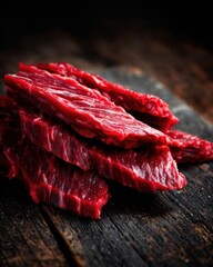 Fresh Beef Hanger Steak Slices on Wooden Surface