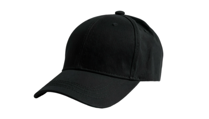 A black baseball cap, three-quarter view, isolated on black. Clean lines, simple design