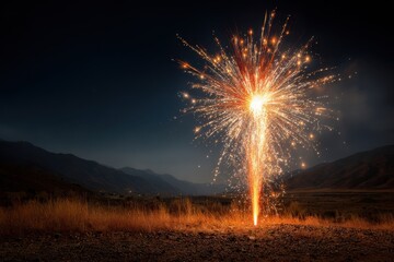 A single firework rocket igniting a bright explosion at night