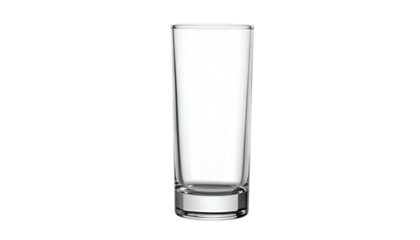 Tall, clear, empty drinking vessel with a square base against a stark black backdrop