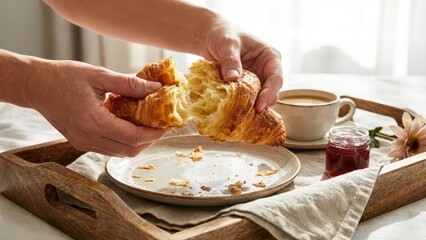 caucasian male hands breaking flaky croissant on wooden tray in bed. morning breakfast with coffee cup and berry jam. cozy lifestyle concept. banner, website header.
