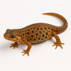 Obraz premium Spotted newt with orange skin and black spots on white background, close up view showing detailed texture and natural beauty of amphibian