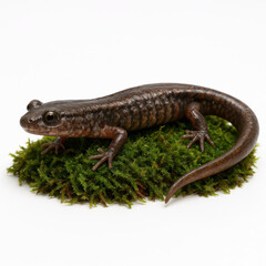 Naklejka premium Dusky salamander resting on green moss with detailed textured skin and shiny eyes, isolated on white background in close up view