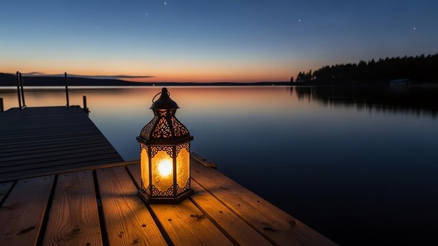 Lantern on dock at twilight lake scene - Powered by Adobe