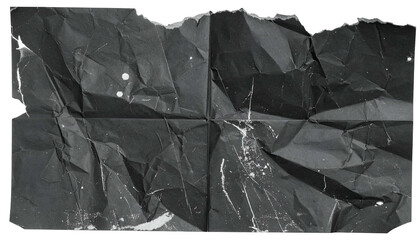 A crumpled, torn piece of dark paper with white paint splatters and creases