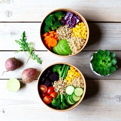 A vibrant flatlay of nutritious vegan bowls showcasing fresh vegetables and clean eating concepts.