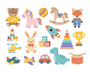 Fototapeta premium Set of kid's toys. Flat vector illustration isolated on a white background.