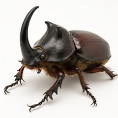 Rhinoceros beetle close up with shiny black horn and brown body on white background showing detailed texture and legs