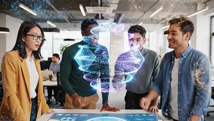 Hologram Technology Teamwork Diverse Group Analyzing 3D Data - Powered by Adobe
