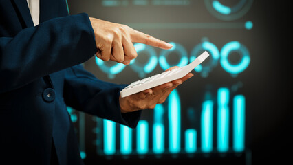 Business professional using digital tablet before futuristic radar-style interface, technology interaction, data processing, cyber analytics, innovation, modern workflow, advanced digital operations