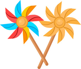 Colorful pinwheels, vibrant red, blue, yellow hues, playfully crossed sticks create cheerful summer festival atmosphere.